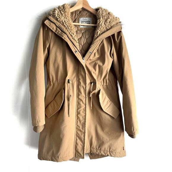Levi’s Artic Cloth faux fur lined hooded parka winter jacket size small tan - Picture 2 of 12